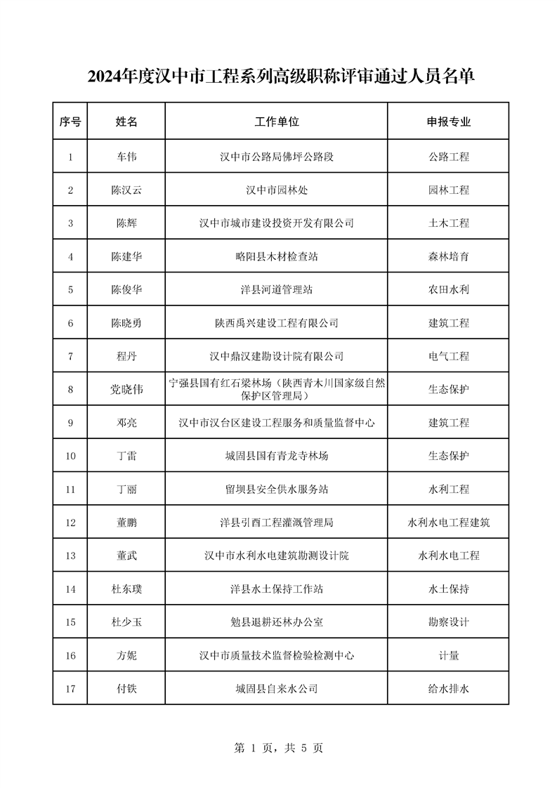 2024年度漢中市工程系列高級職稱評審通過人員公示